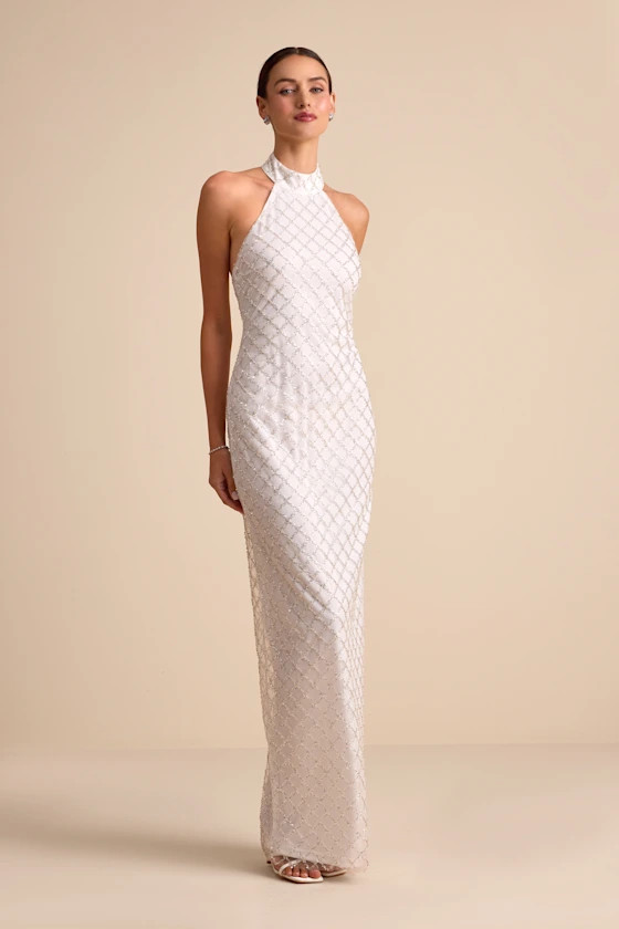 Novalea White Sequin Halter Maxi Dress | Lulus