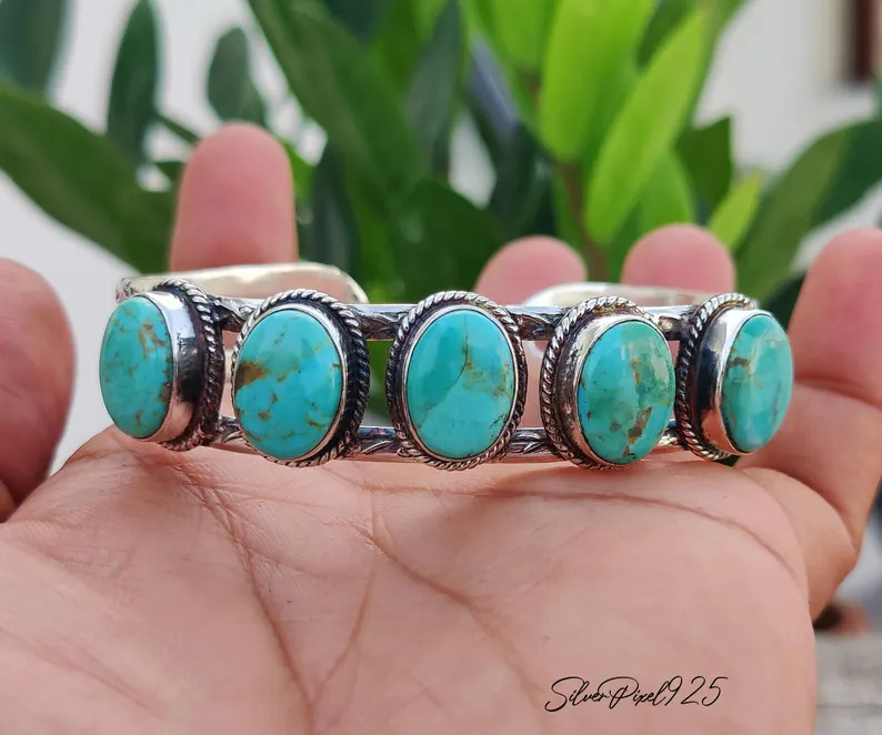 Kingman Turquoise Heavy Bangle | Handmade 925 Sterling Silver Boho Jewelry | Multi Gemstone Brace... | Etsy (Global)