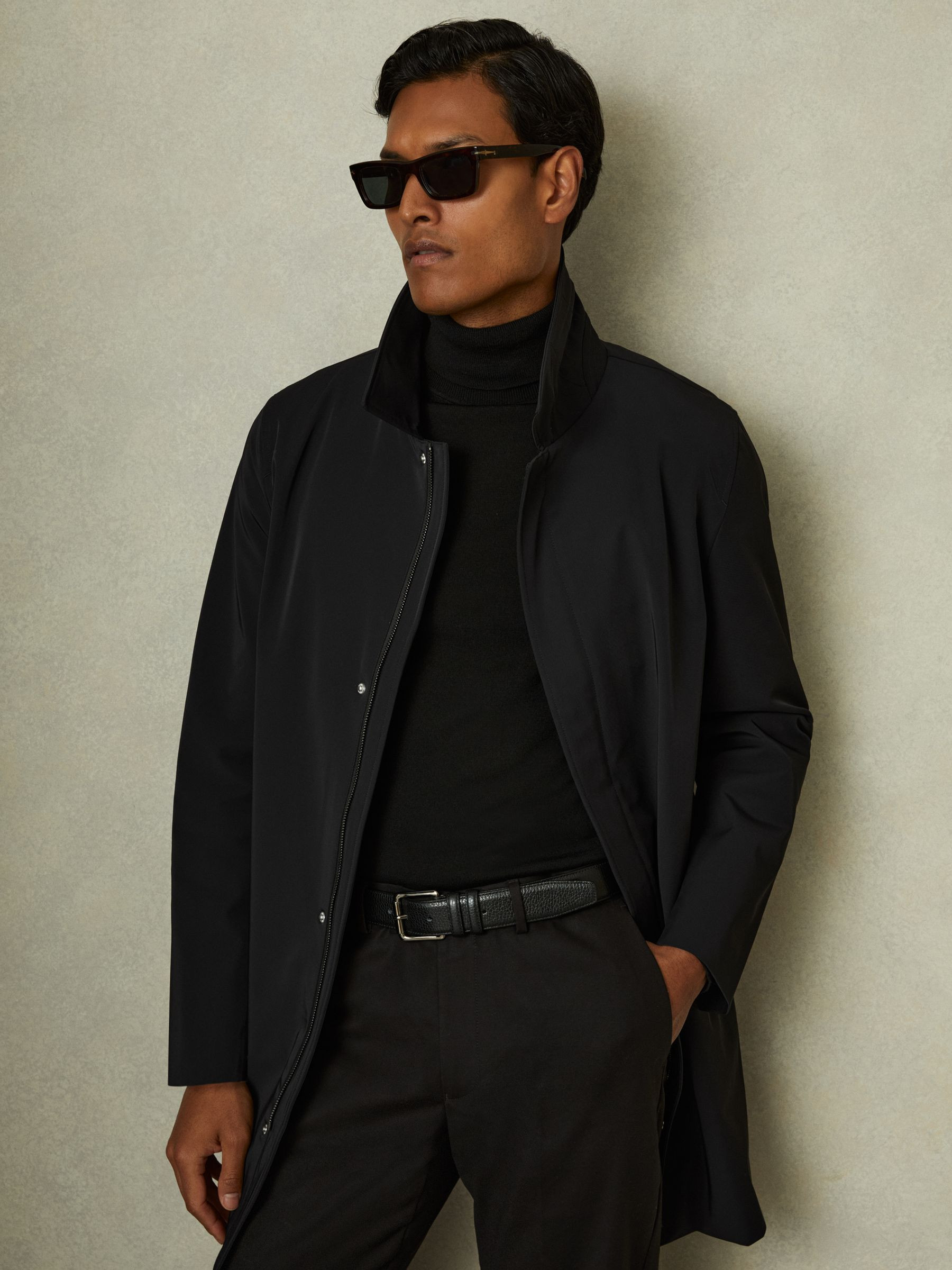 Hybrid Removable Funnel Neck Overcoat in Black | Reiss UK