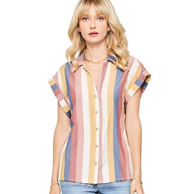 Slickblue Women's Button Down Multicolor Stripe Shirt with Cuffed Sleeves and Pleated Back - Size S | Target