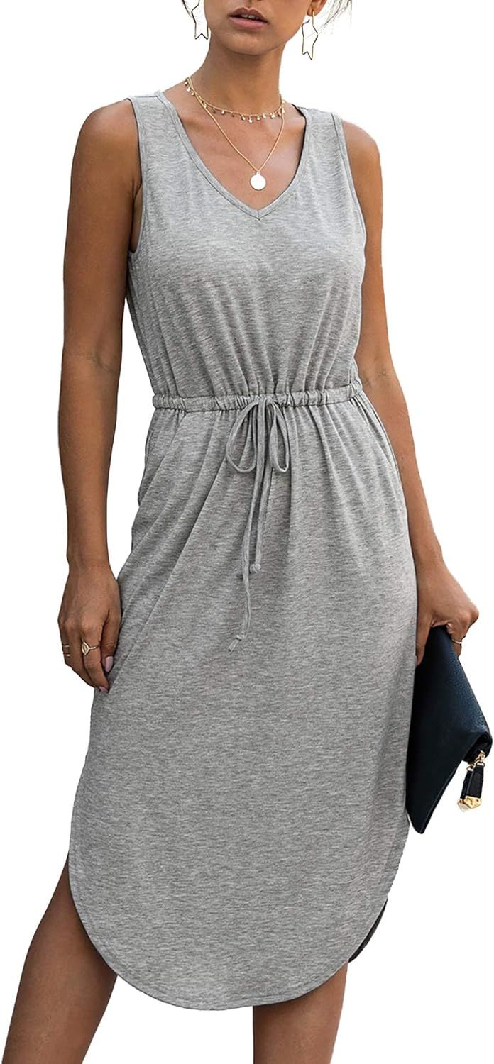 Longwu Women's Casual V-Neck Sleeveless/Short Sleeve Side Split Drawstring Waist Midi Length Vest... | Amazon (US)