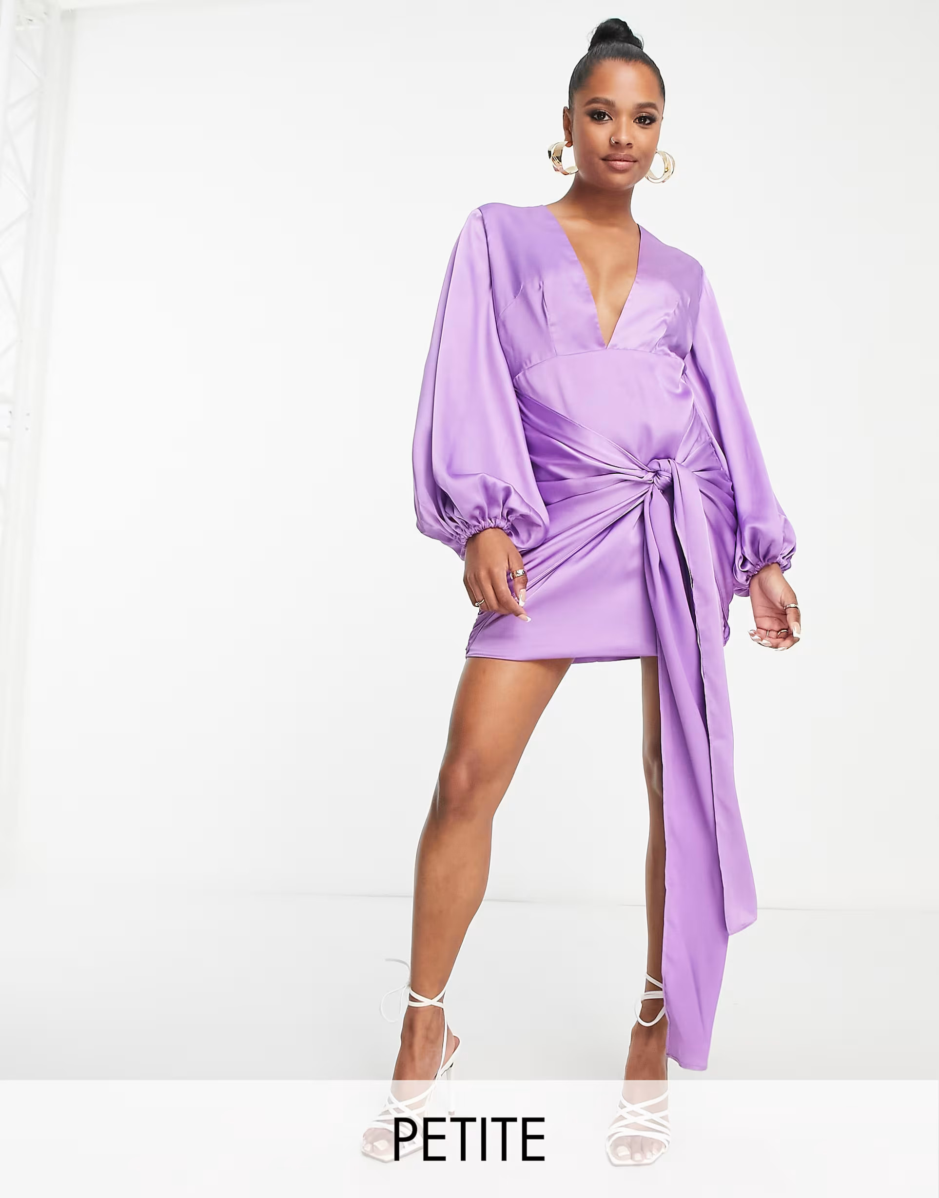 Collective the Label Petite exclusive plunge knot front satin mini dress in purple | ASOS (Global)