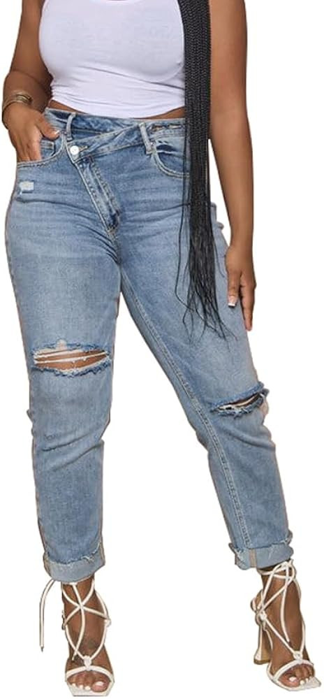 HTD Women's Boyfriend Jeans Ripped Skinny Jeans Distressed Stretchy Denim Pants | Amazon (US)