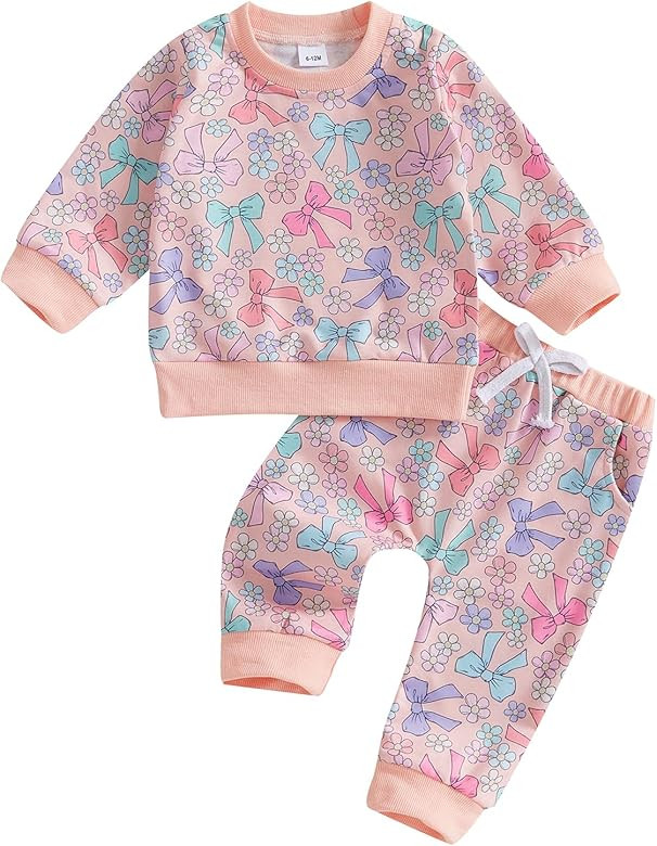 Baby Girl Fall Winter Outfits Toddler Clothes Long Sleeve Bow Printed Crewneck Sweatshirt + Pants... | Amazon (US)