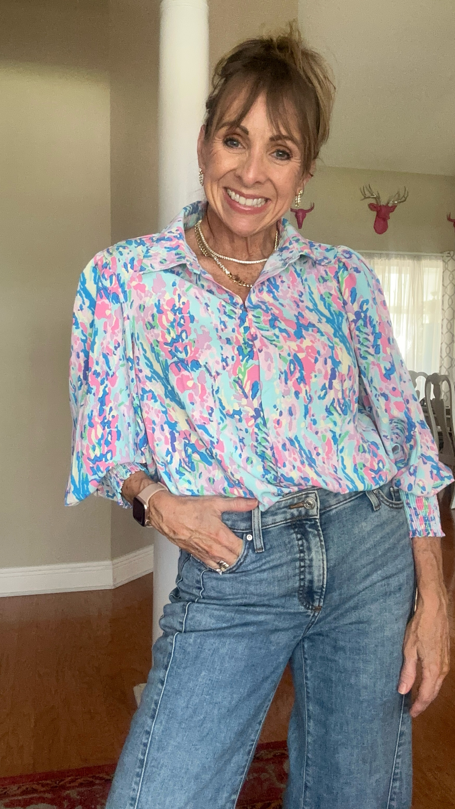 My go to outfit for Spring! I love a cute and colorful blouse paired with cool denim. I’m always wearing my signature jewelry because it adds a bit of glam. 

#LTKFindsUnder100 #LTKStyleTip #LTKWatchNow