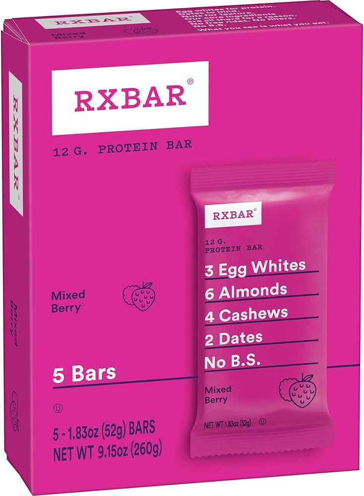 RXBAR Protein Bar, 12g Protein, Gluten-Free, Snacks, Mixed Berry, 9.15oz Box (5 Bars) | Amazon (US)
