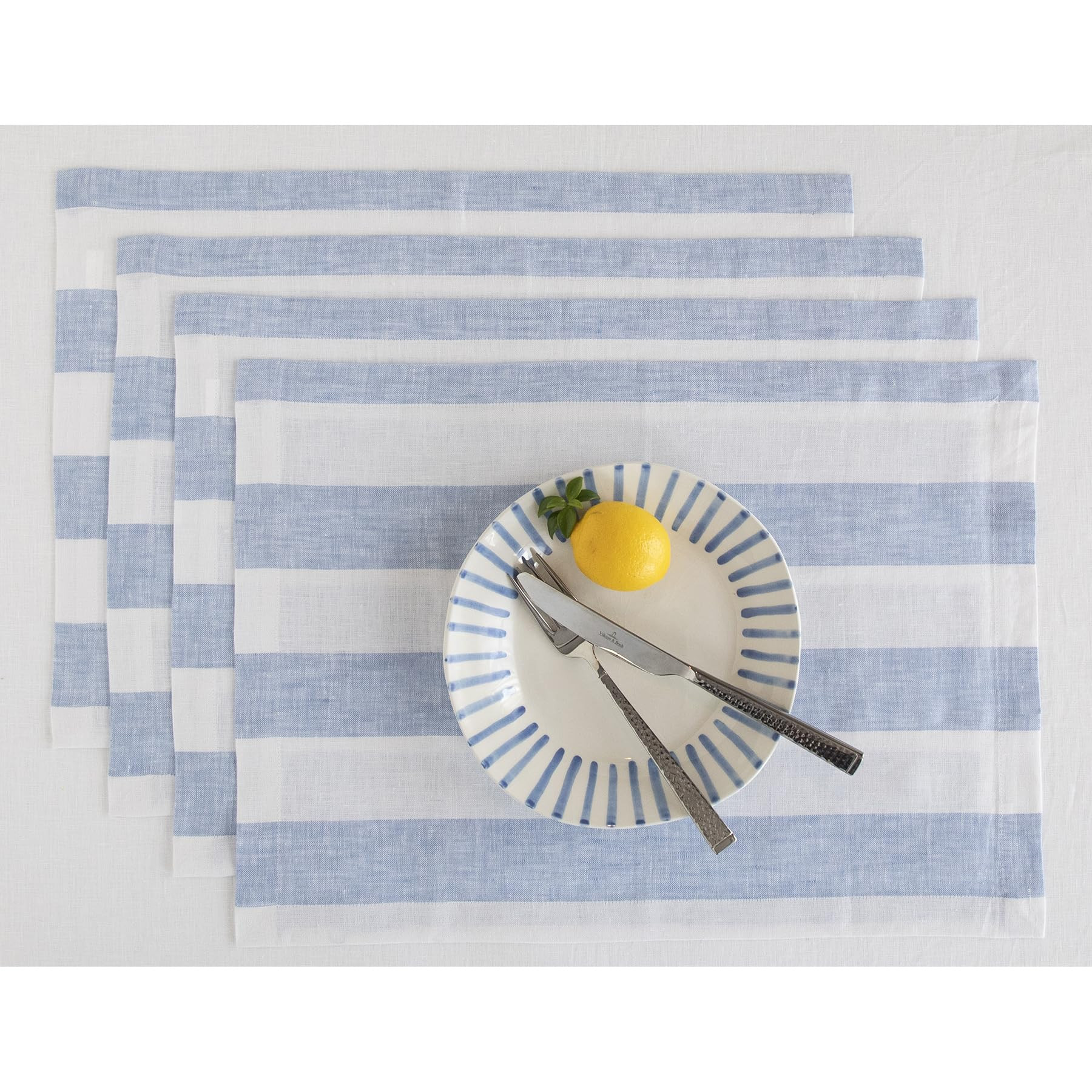 Solino Home Linen Placemats Set of 4 - Cabana Stripe Sky Blue and White Placemats 14 x 19 Inch - ... | Amazon (US)