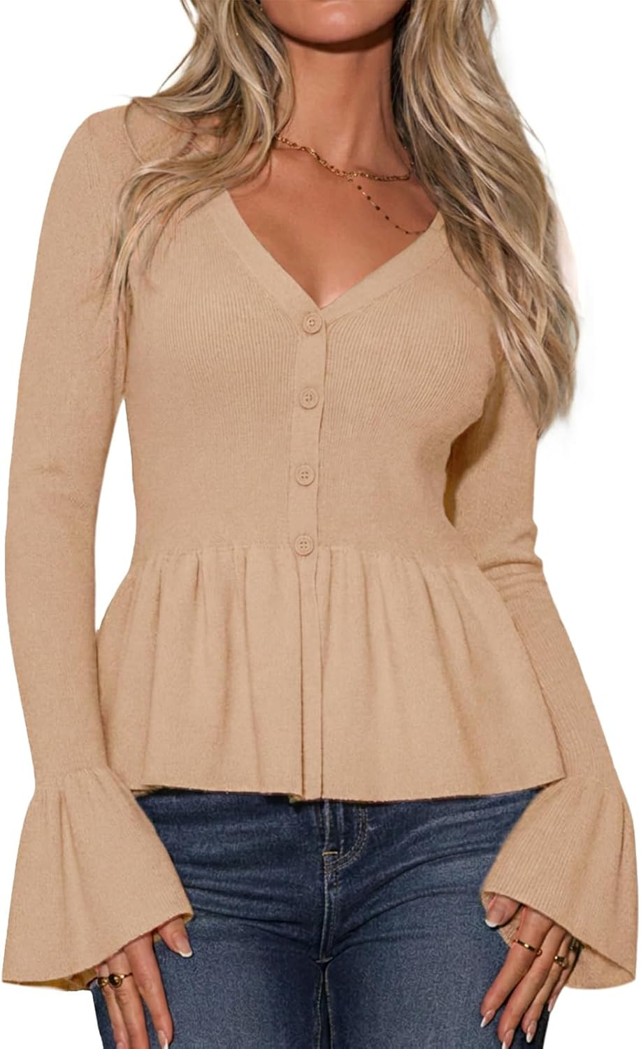 Womens Lightweight Cardigan Sweaters V Neck Long Sleeve Peplum Top | Amazon (US)