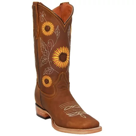 Womens Square Toe Sunflower Embroidered Cowgirl Cowboy Leather Boots | Walmart (US)