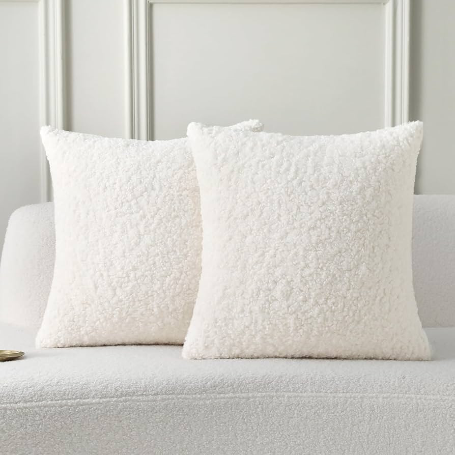 FUTEI Cream White Throw Pillow Covers 18x18 Inch Set of 2,Furry Faux Fur Teddy Boucle Textured Cu... | Amazon (US)