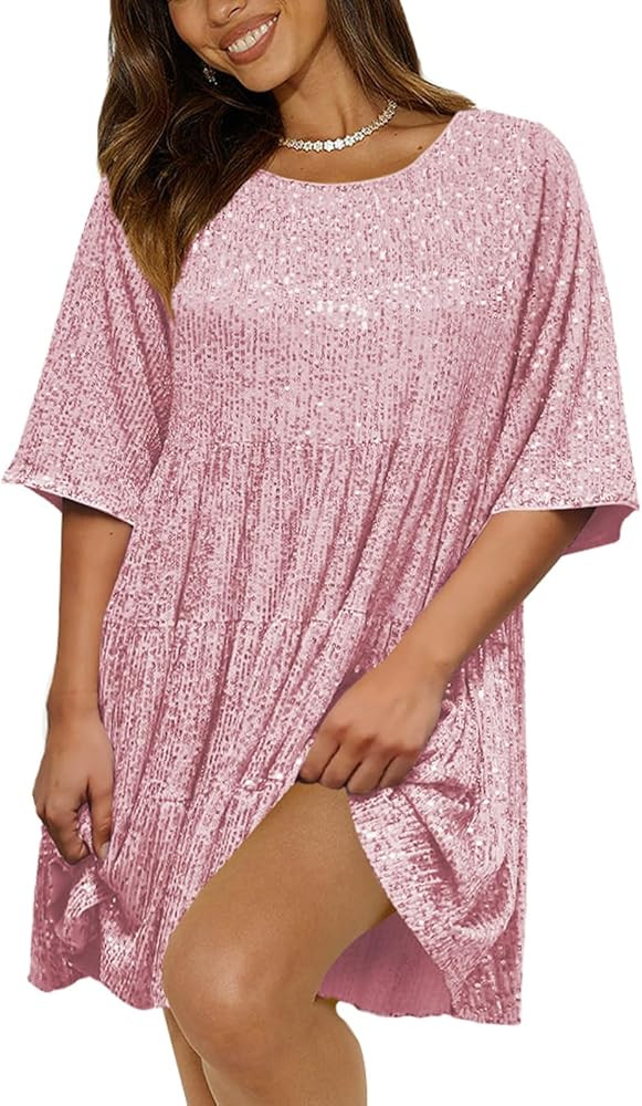 Women Sequin Dress Sparkly Short Flowy Tiered Ruffle Casual Loose Shiny Glitter Dress | Amazon (US)