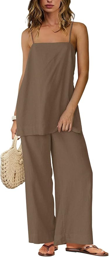Linen Sets for Women 2 Piece Summer Spaghetti Strap Top Wide Leg Pant Set Beach Vacation Travel O... | Amazon (US)