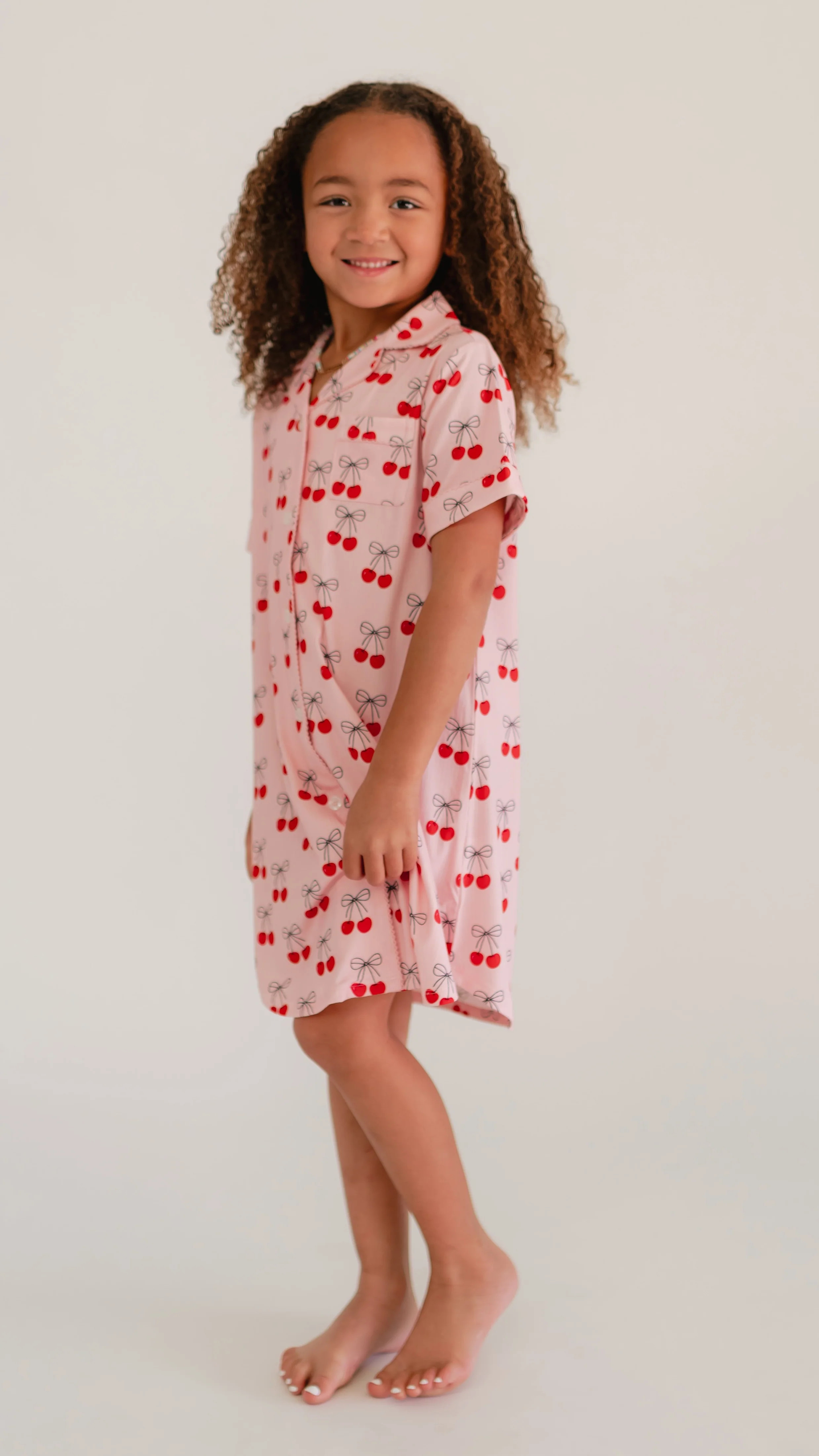 Girl's Button Down Ribbed Dress in Pink Cherry Bows | Silks Design