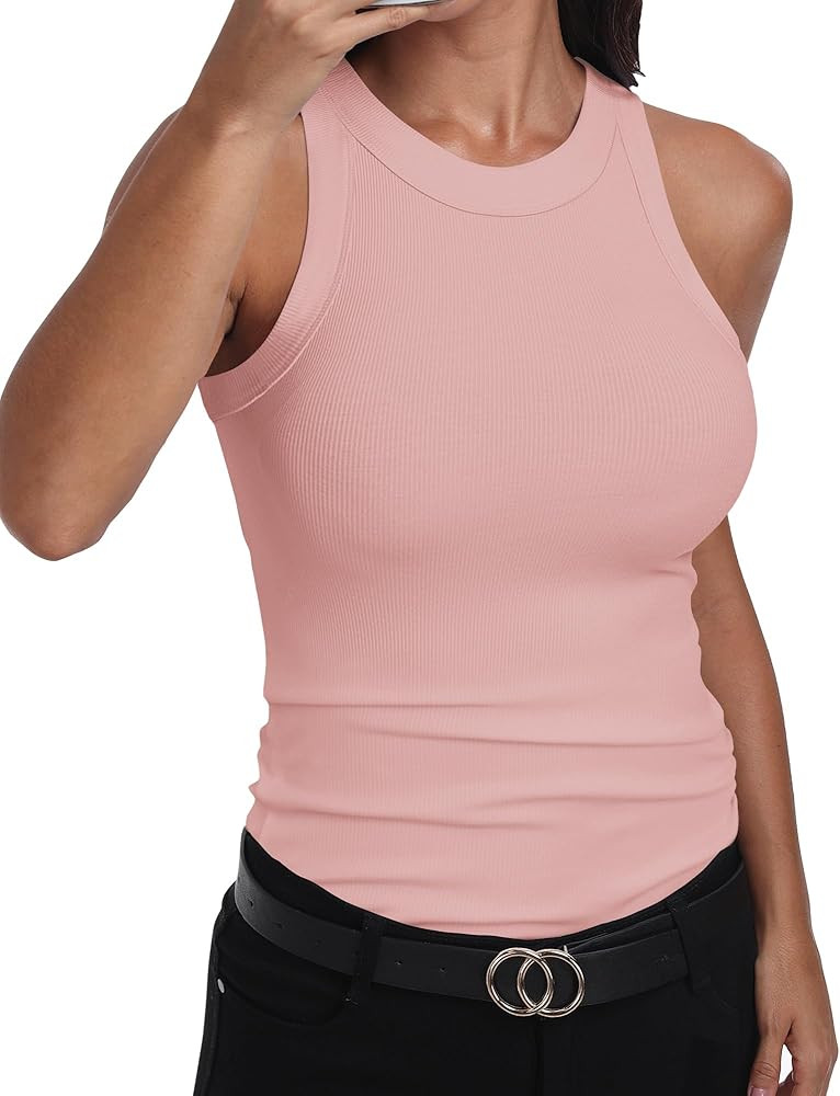 GEMBERA Womens Sleeveless Racerback High Neck Casual Basic Cotton Ribbed Fitted Tank Top | Amazon (US)