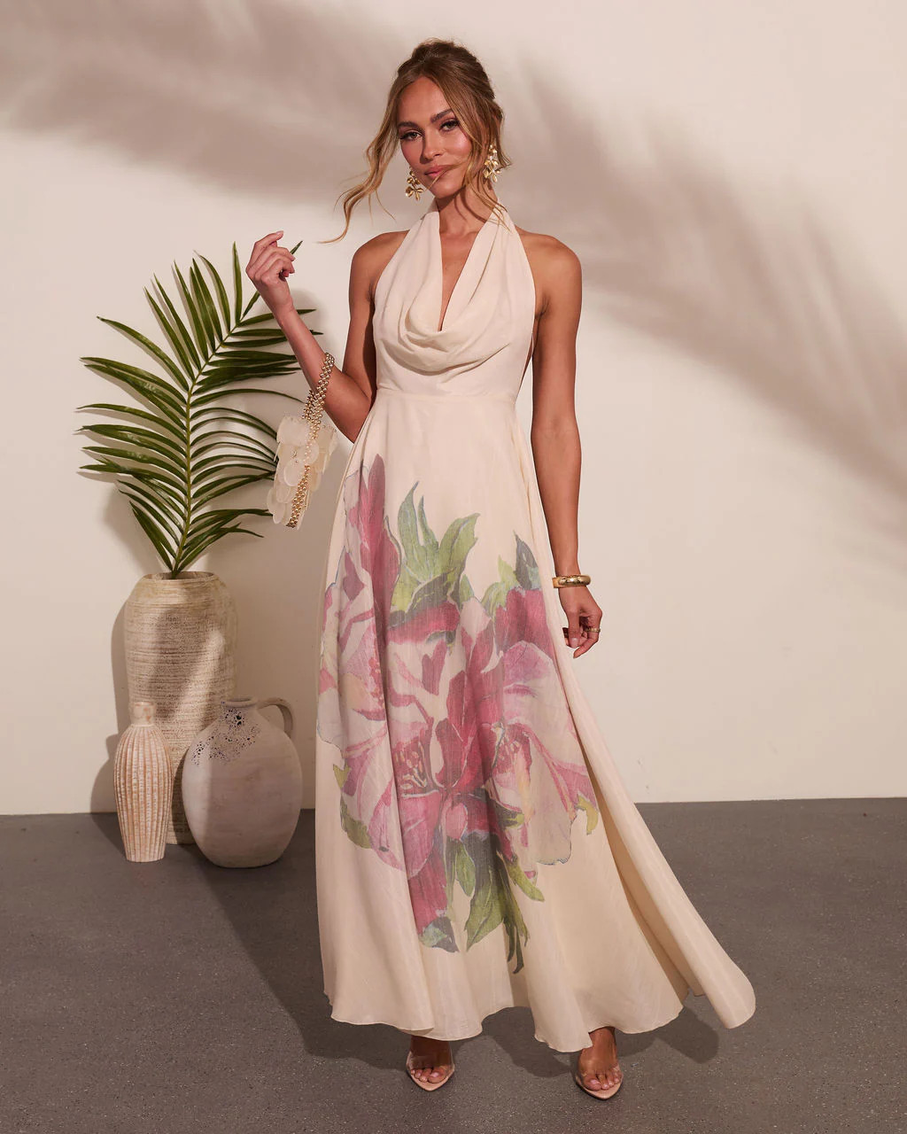 Raynah Floral Print Cowl Neck Maxi Dress Cream Multi / S | VICI