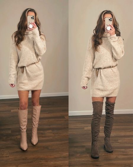 Fall fashion, fall outfit, sweater dress, Taylor bee, Beeisforbeeauty, neutral outfit, over the knee boots, leather booths, suede boots, thanksgiving outfit, 

#LTKSeasonal #LTKstyletip #LTKshoecrush