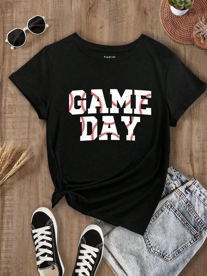 SHEIN LUNE Camiseta casual para mujeres con cuello redondo y manga corta de béisbol para el DÍA... | SHEIN