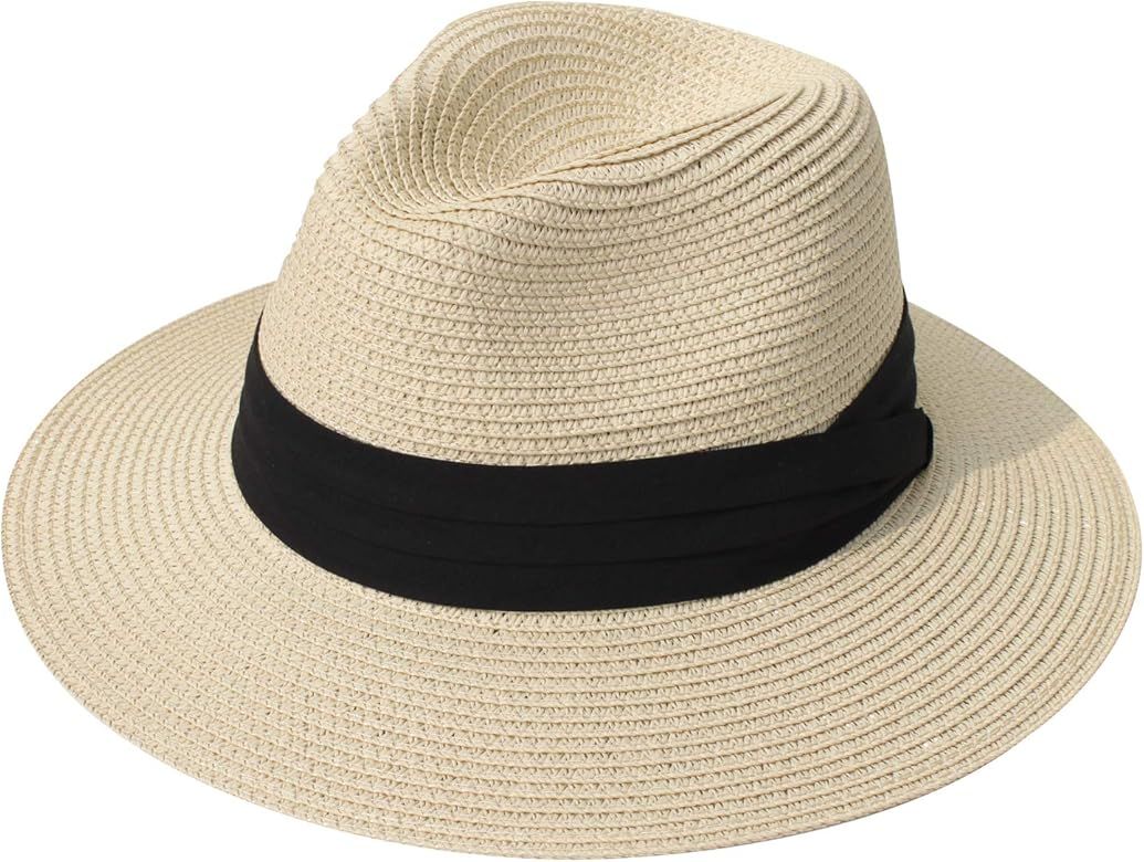 Women Straw Panama Hat Fedora Beach Sun Hat Wide Brim Straw Roll up Hat UPF 30+ | Amazon (US)