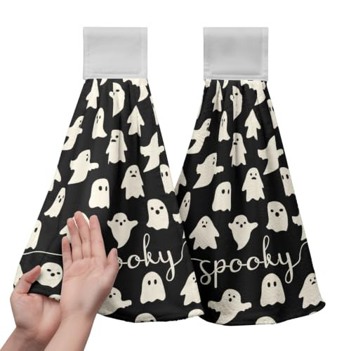 Kwlegh Halloween Kitchen Hanging Towel Set of 2 Black White Spooky Ghost Kitchen Hand Towels with Hanging Loops Dish Washcloth Soft Absorbent Bath Tie Towel for Bathroom Decor | Amazon (US)