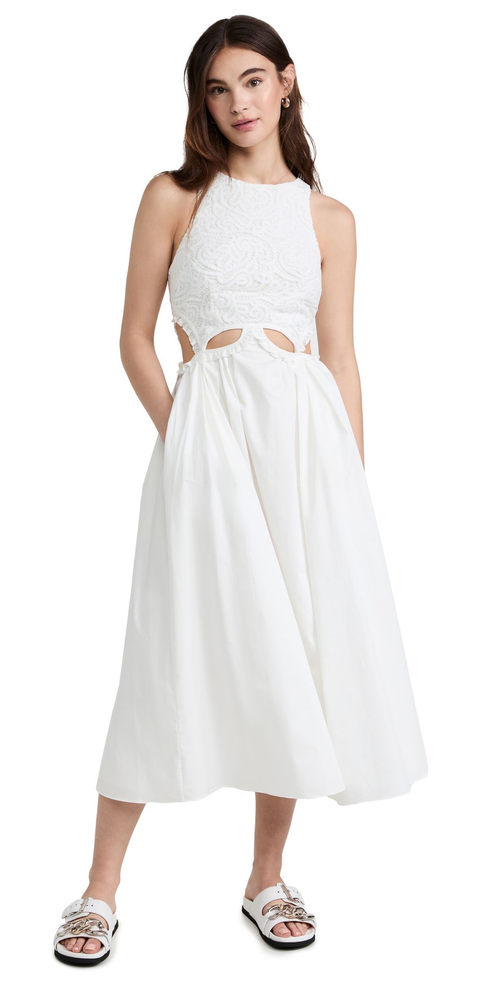 Self Portrait White Cotton Cutout Midi Dress | Shopbop