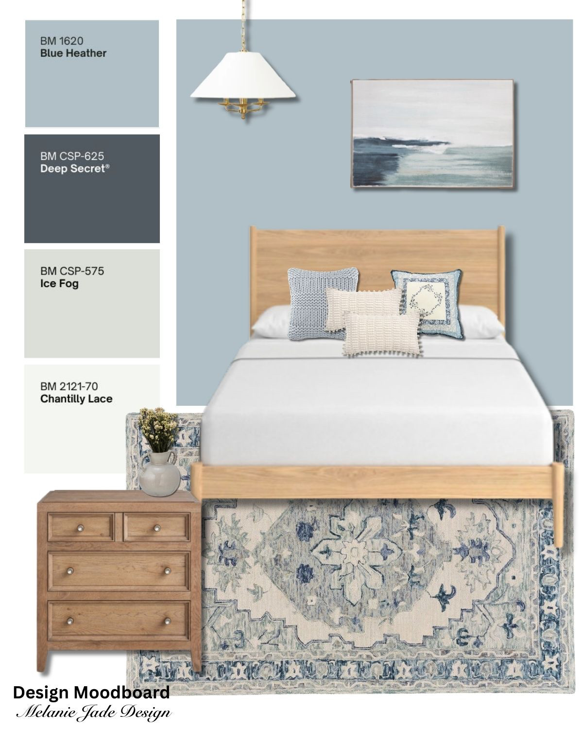 A light blue bedroom for a fresh and airy feel. Paint the walls Benjamin Moore Blue Heather and use the other colors as the trim, or an accent color 

 #LTKspring #LTKhome #LTKstyletip
