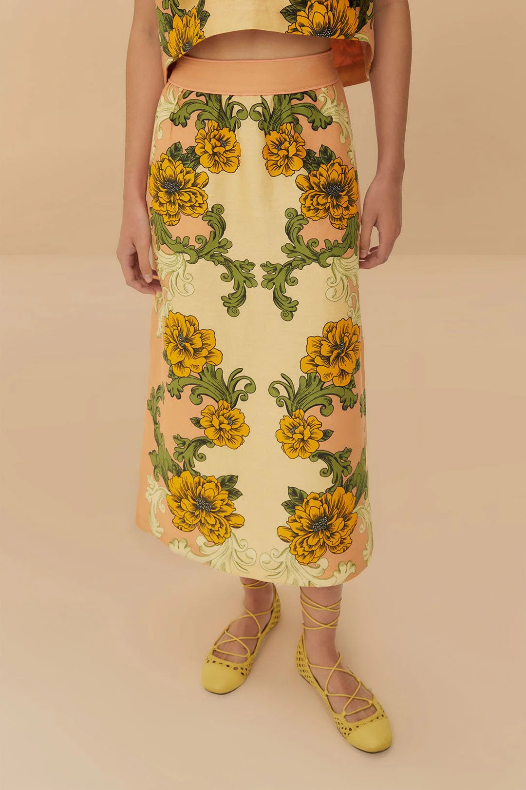 Cream Delicate Flower Arabesques Euroflax™ Premium Linen Midi Skirt | FarmRio (US)