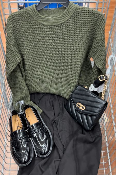 Walmart fall outfit idea with this crewneck sweater, classic snug fit, size up if you want it looser. Cargo pants are comfy and soft, dress up or down. I got the XS, needed the small (wasn’t in stock). Loafers fit tts. 

#LTKfindsunder100 #LTKfindsunder50 #LTKstyletip