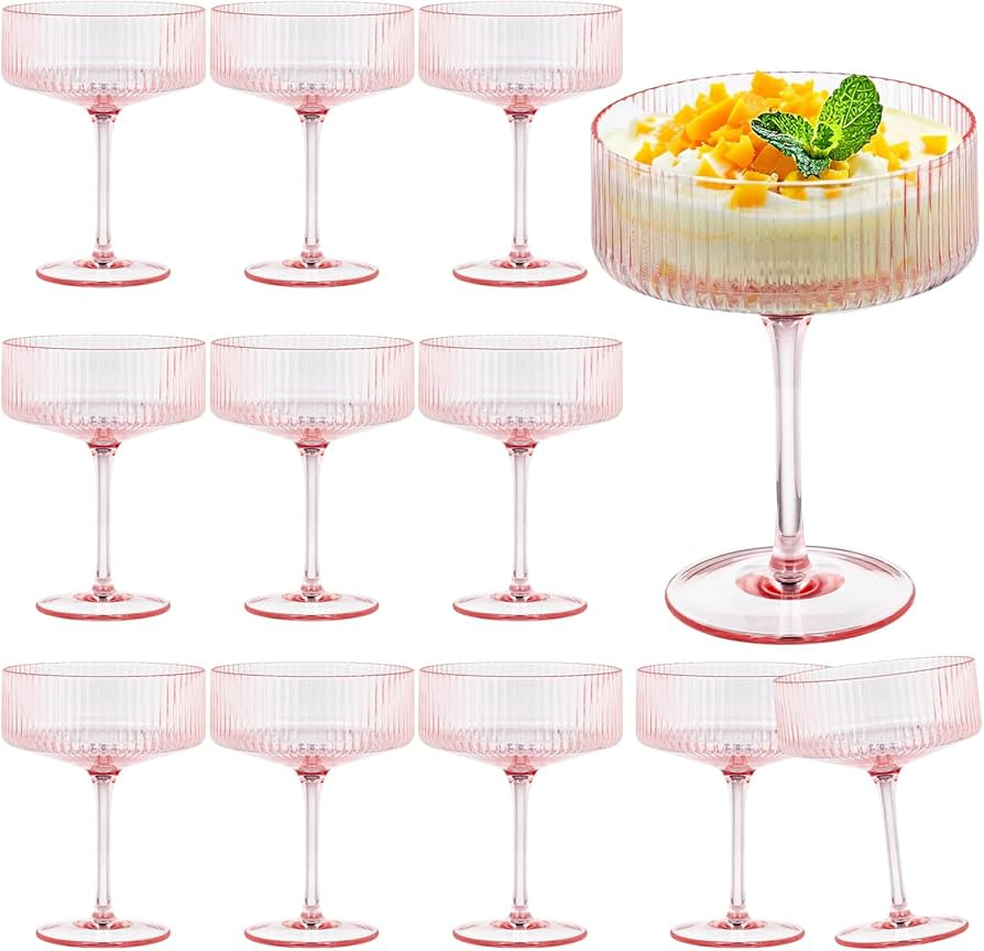 12 Pieces Martini Glasses 10.5oz Plasitc Ribbed Coupe Glasses Champagne Shatterproof Acrylic Vint... | Amazon (US)