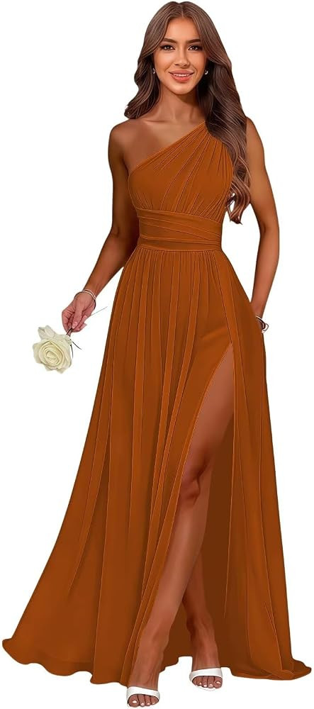 One Shoulder Bridesmaid Dresses Chiffon Ruffle Wedding Guest Dresses for Women | Amazon (US)