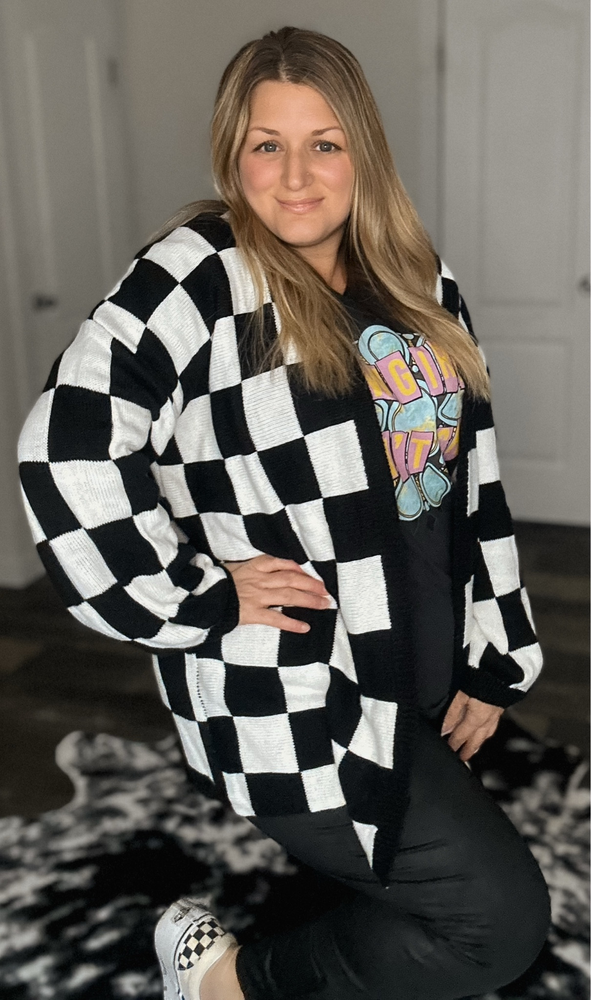Comfy mom style on the cheap.  Checkered sweater is from TikTok but I found a comparable and linked it.  Tee is made by myself, Seaux Retro Boutique. 

#LTKOver40 #LTKMidsize