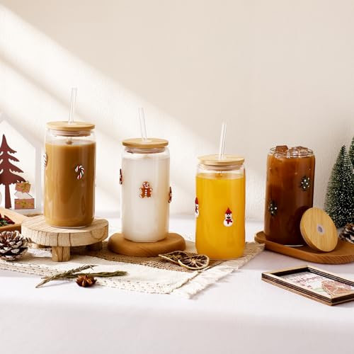 Meanplan 4 Pcs Icon Juice Glass Tumblers - 17 oz Christmas Icon Glass Cups with Lid, Straw and Cleaning Brush, Tea Beer Coffee Soda Glassware for Halloween Thanksgiving Christmas Party Gifts | Amazon (US)