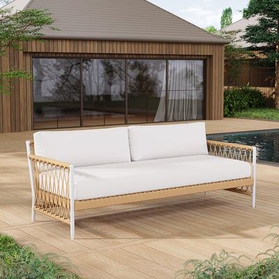 Ropipe Woven Rope Outdoor Sofa 3-Seater Sofa with White Polyester Pillow Cushion-Homary | Homary