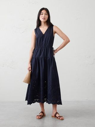 Poplin Eyelet-Hem Midi Dress | Banana Republic Factory