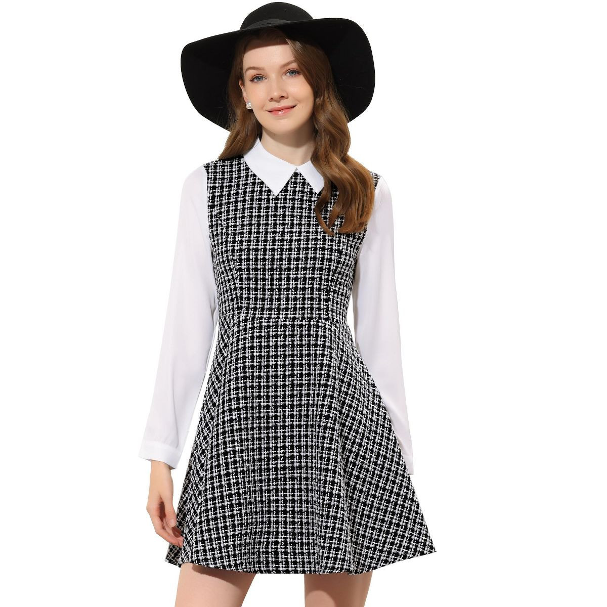 Allegra K Women's Elegant Plaid Tweed Contrast Lapel Collar Long Sleeve A-line Dress | Target