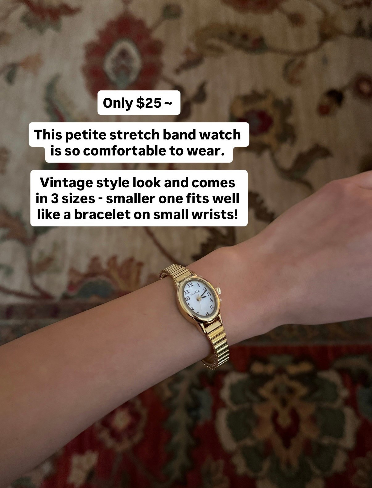 Comes in gold, silver , or two tone!

Stretchy band makes it super easy to get on and off. 

Size small fits great on narrow wrists like a bracelet watch with some room to slide around on me for comfort. For reference my wrist size is about 5.5 inches around. 

Stocking stuffer , Christmas gifts for her ideas 

#LTKFindsUnder50 #LTKPetite #LTKGiftGuide