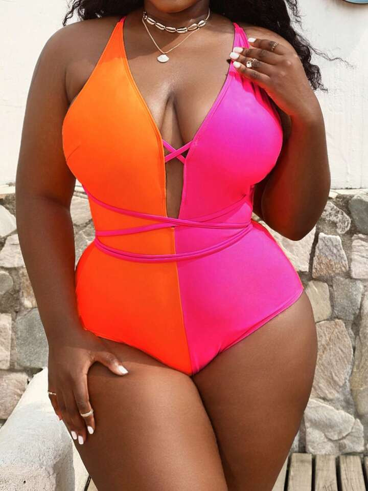 Plus Colorblock Crisscross Tie Backless Plunging Neck One Piece Swimsuit | SHEIN