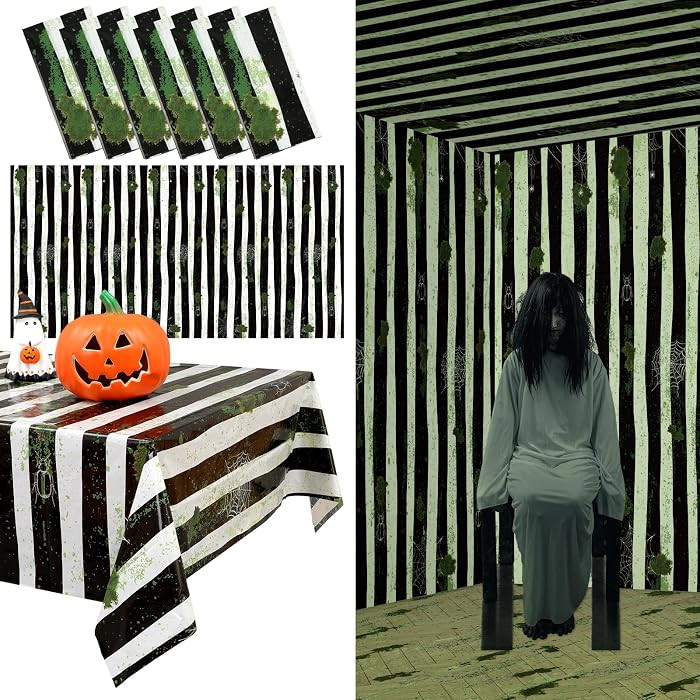 Peryiter 6 Pack Halloween Worm Theme Black and White Striped Tablecloth Plastic Halloween Spooky ... | Amazon (US)