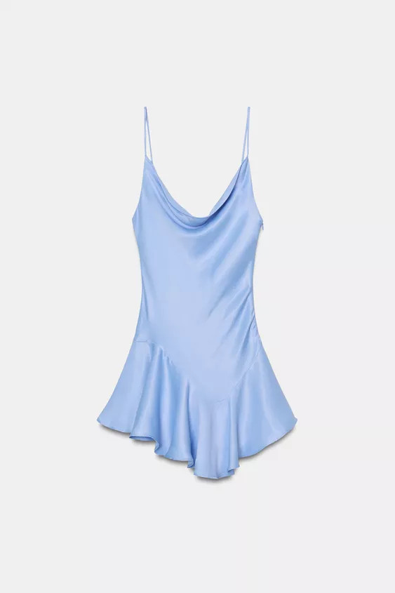 Short dress in satin fabric with a draped neckline, adjustable thin straps, asymmetric hem and in... | Zara UK