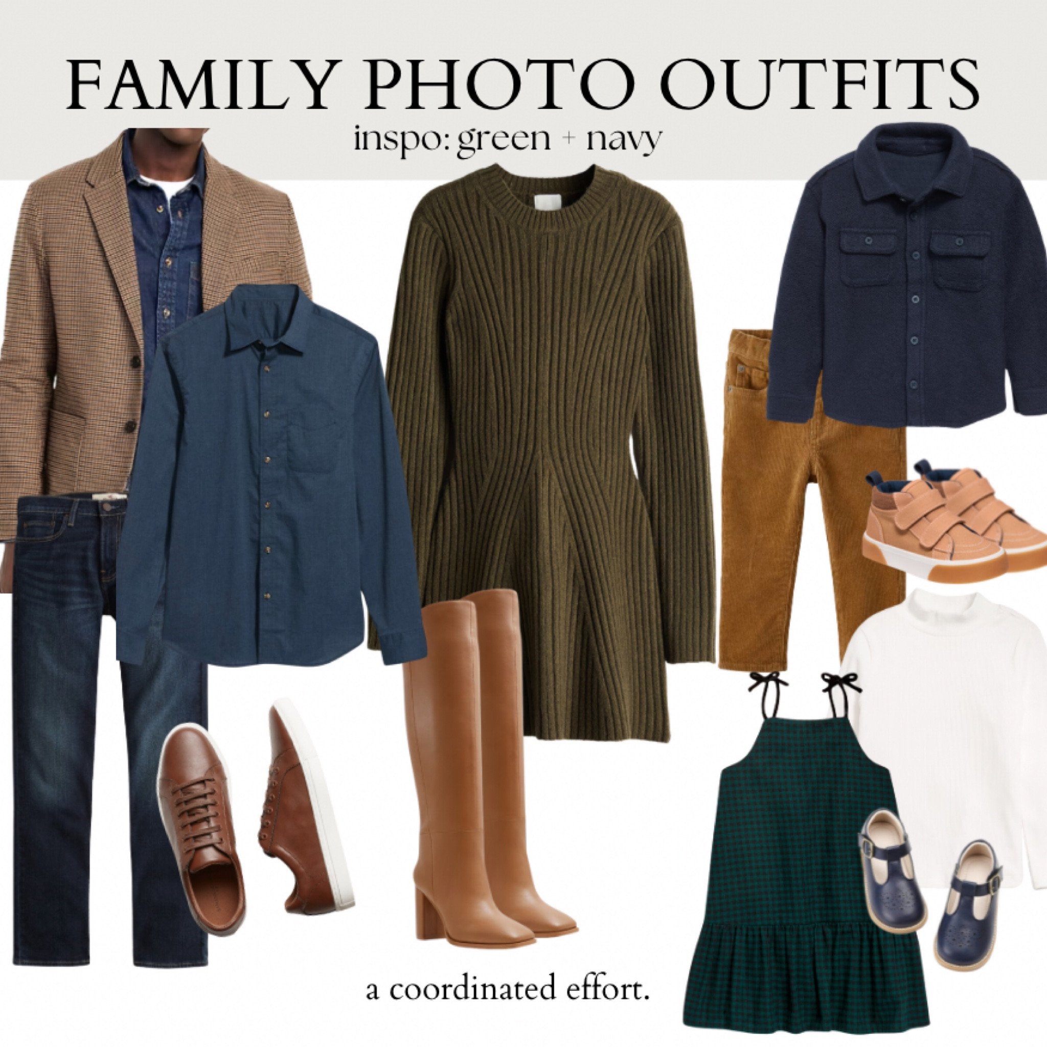 What to Wear for Holiday Photos: green & navy family photo outfits 💚 💙 
.
I love how you could wear these coordinating outfits as a Thanksgiving outfit or for Christmas photos.
.
Viral sweater dress paired with square toed, knee high boots
Men’s blazer and jeans outfit
Toddler boy button up and khakis
Toddler girl plaid dress and Mary Jane’s 


#LTKFamily #LTKHoliday #LTKKids