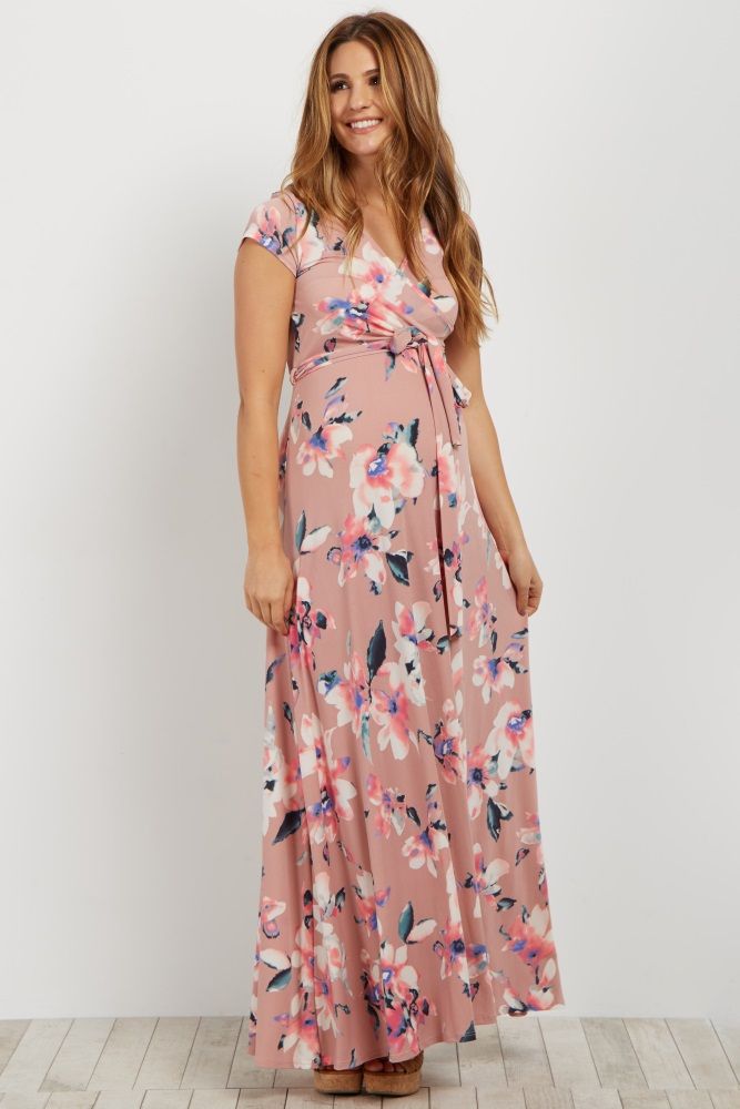 Mauve Floral Short Sleeve Maternity/Nursing Wrap Dress | PinkBlush Maternity