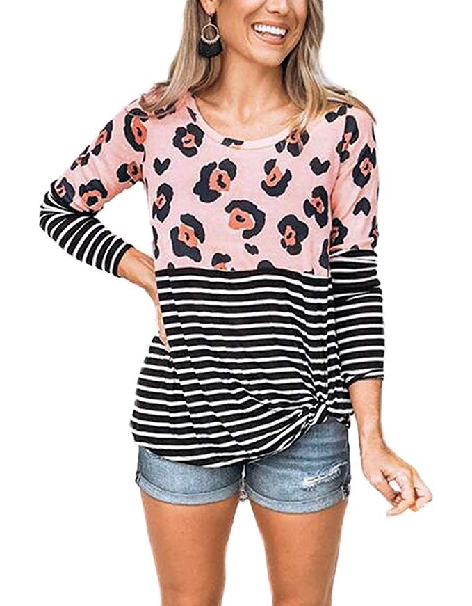 Leopard Long Sleeve Top for Women Patchwork Stripe Print Front Bow Knot O Neck Baseball Tshirt Ca... | Amazon (US)