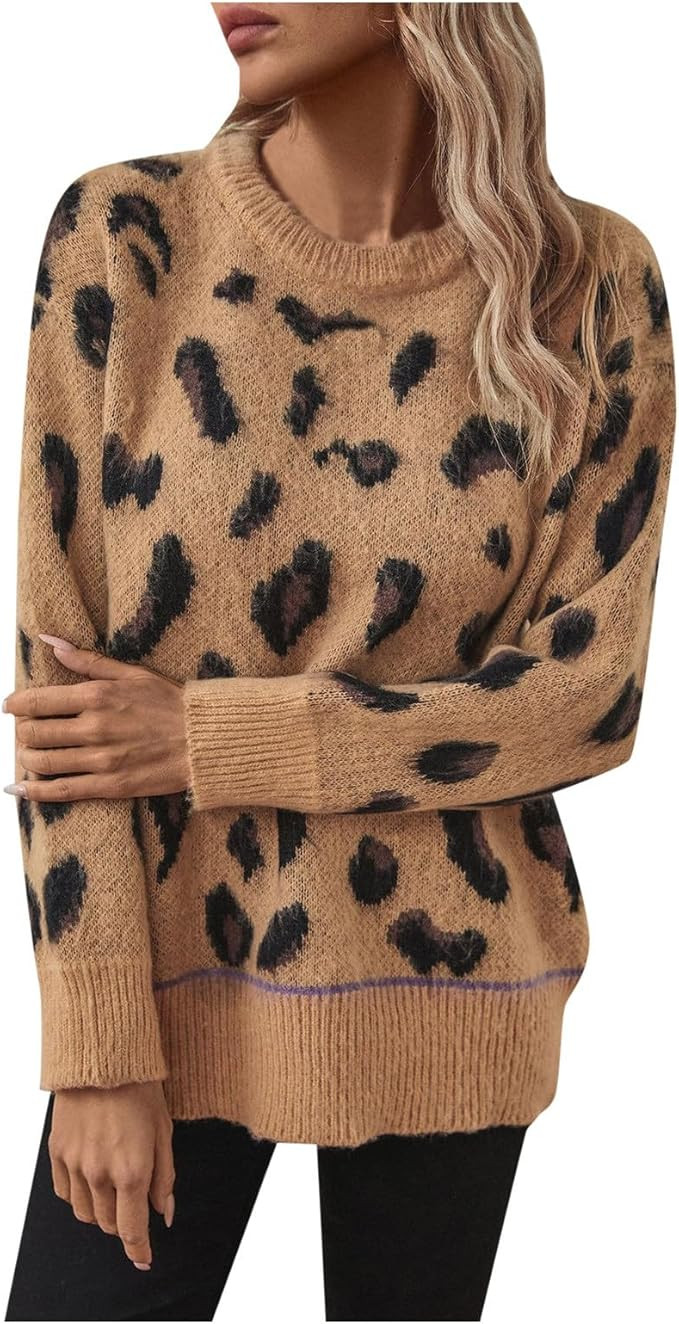Womens 2024 Long Sleeve Sweaters 2024 Fall Winter Women's Fashion Leopard Print Jacquard Knit Swe... | Amazon (US)
