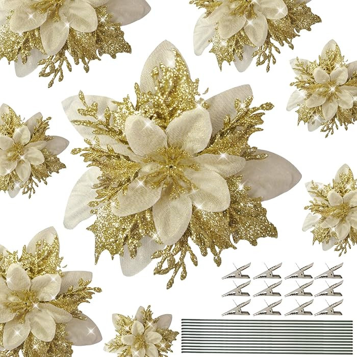 12 PCS Poinsettias Artificial Christmas Flowers 5.5" Gold Glitter Poinsettias Christmas Decoratio... | Amazon (US)
