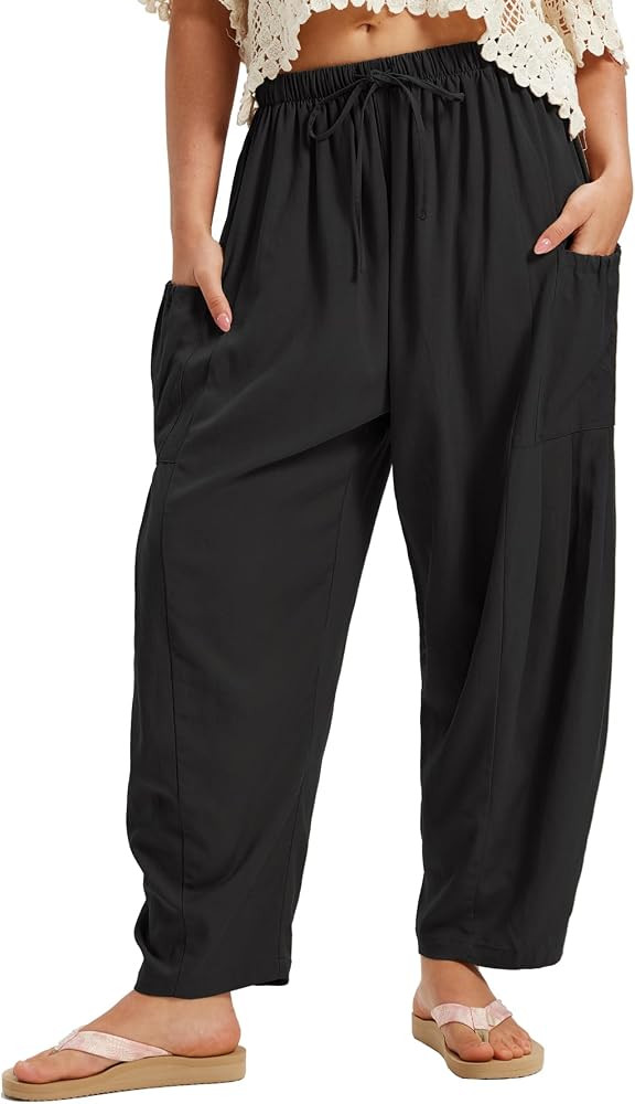 Women's Linen Pants Flowy Wide Leg Casual Beach Travel Vacation Palazzo Harem Barrel Pants | Amazon (US)