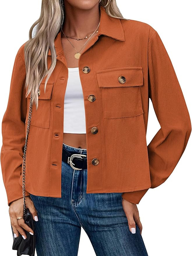 Zeagoo Womens Fashion Cropped Corduroy Shackets Button Down Jackets Tops Fall Trendy Long Sleeve ... | Amazon (US)