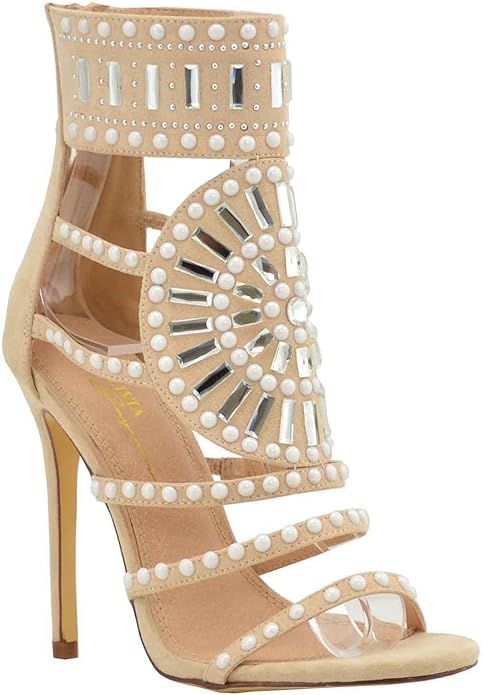 Women's Dress Strappy Sandals | Embellished Rhinestone Jeweled Ankle Wrap Ties Cuff | Stiletto Gl... | Amazon (US)