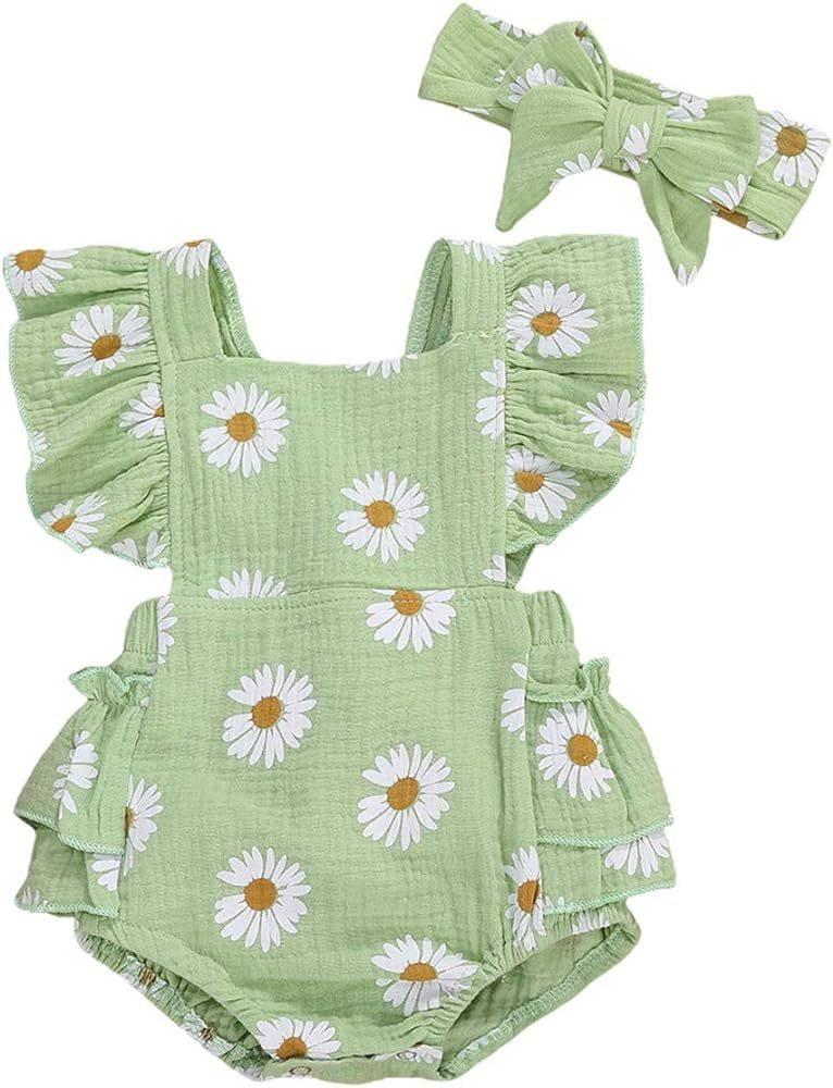 Mubineo Infant Baby Girl Cotton Linen Daisy Romper Ruffle Flower Outfit Headband Set | Amazon (US)