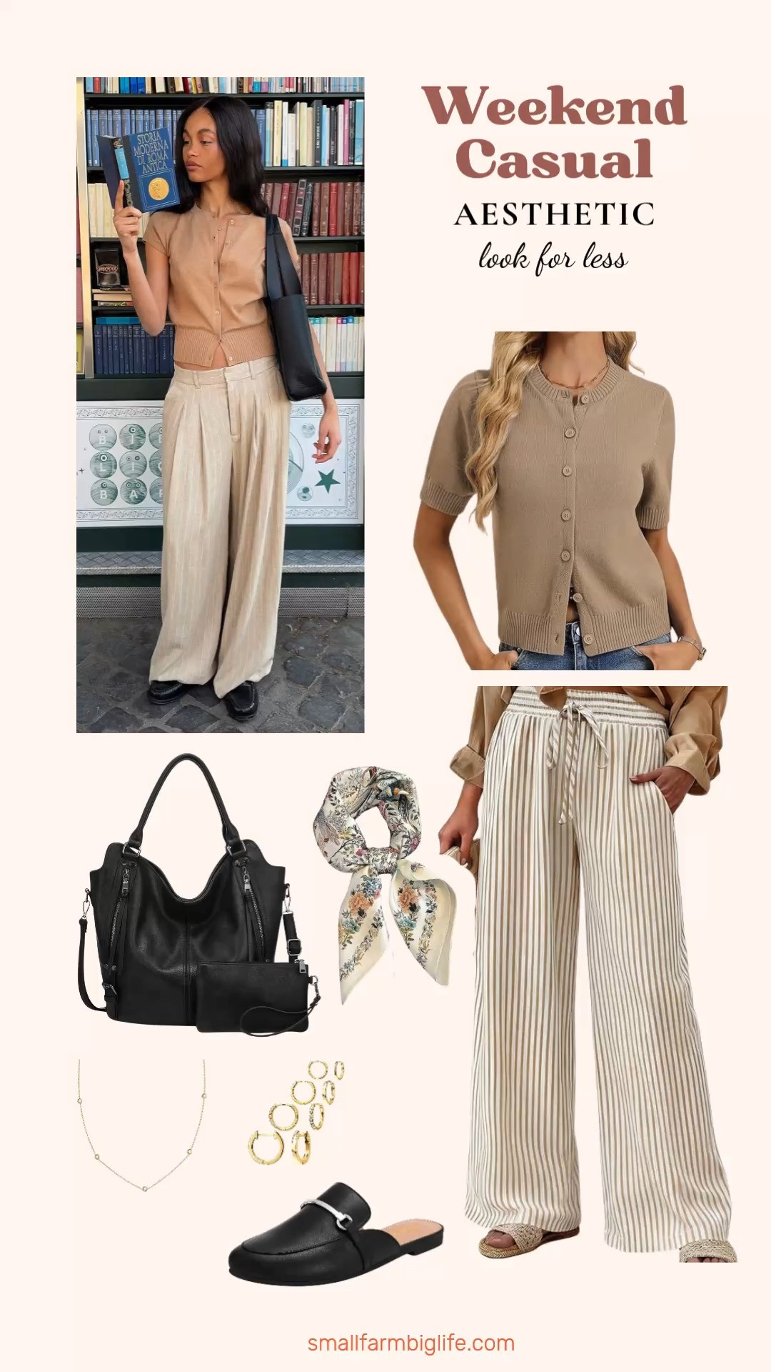 Love this weekend casual aesthetic but not the price tag? I found all the pieces on Amazon for so much less! From the striped wide leg pants and cozy short sleeve cardigan to the leather tote, buckle mules, dainty gold jewelry, and a pretty floral satin scarf, you can get the whole look for a fraction of the cost. Effortless, chic, and totally shoppable. Linking everything below! 

 #LTKgrwm #LTKootd #LTKOver40