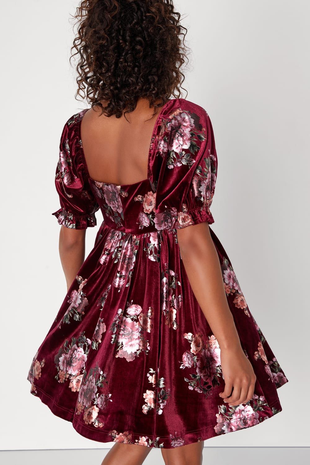 Adorably Darling Burgundy Velvet Floral Print Babydoll Dress | Lulus (US)