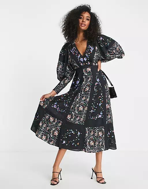 ASOS EDITION floral embroidered midi dress with lace inserts in black | ASOS (Global)